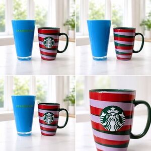 Starbucks Blue Tumbler and Red, Green & White Striped Mug Set
